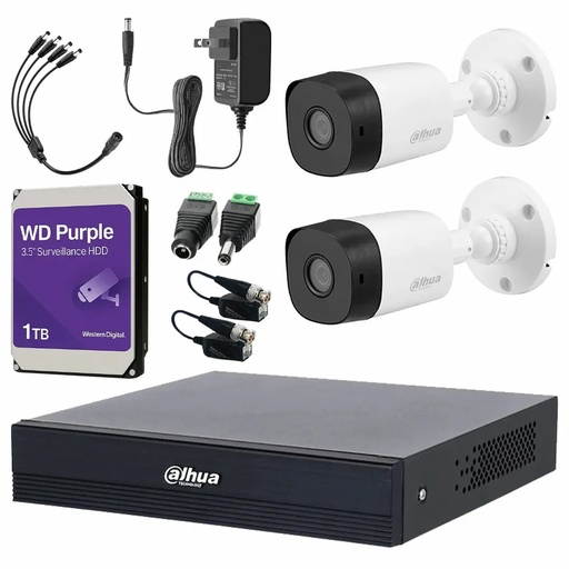 Kit Videovigilancia Cronos 2 Cámaras Dahua Bala B1A211 1MP + HDD WD Purple 1TB + Baluns + Accesorios - Kit CCTV B1A11-MED-SC  (DVR Dahua XVR1B04-I/T Circuito Cerrado)