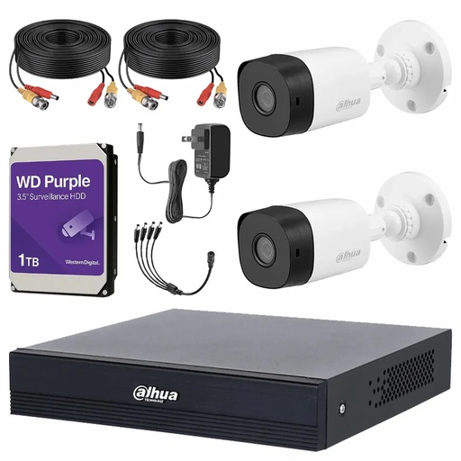 Kit Videovigilancia Cronos 2 Cámaras Dahua Bala B1A211 1MP + HDD WD Purple 1 TB + Cables + Accesorios - Kit CCTV B1A11-MED-CC  (DVR Dahua XVR1B04-I/T Circuito Cerrado)