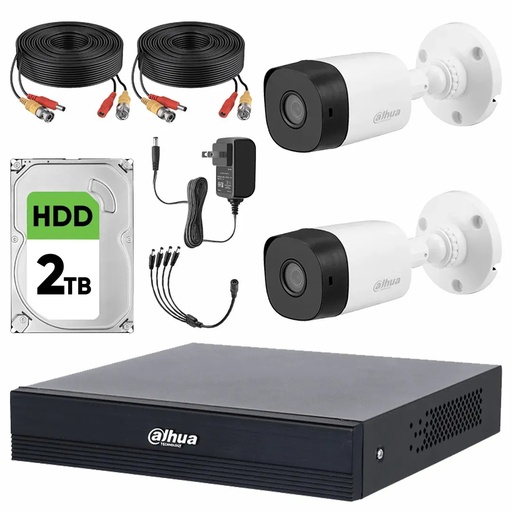 Kit Videovigilancia Cronos 2 Cámaras Dahua Bala B1A211 1MP + Disco Duro 2TB + Cables + Accesorios - Kit CCTV B1A11-HIGH-CC  (DVR Dahua XVR1B04-I/T Circuito Cerrado)