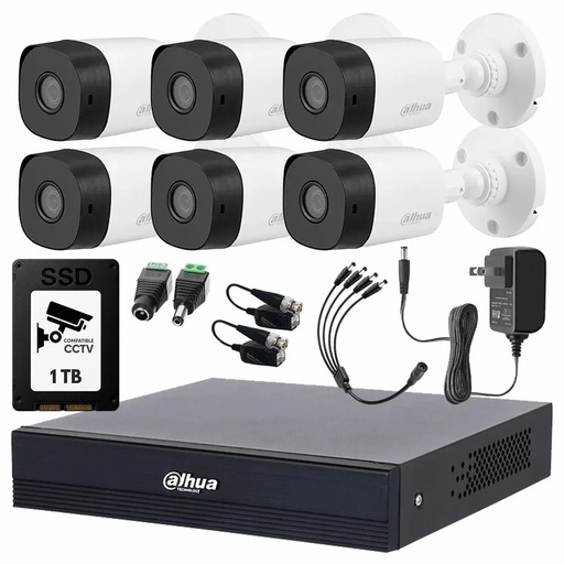 Kit Videovigilancia Cronos 6 Cámaras Dahua Bala B1A11 1mp + SSD 1TB + Baluns + Accesorios Kit CCTV B1A11-LOW-SC (DVR Dahua XVR1B08-I/T Circuito Cerrado)