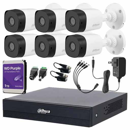 Kit Videovigilancia Cronos 6 Cámaras Dahua Bala B1A11 1mp + HDD WD Purple 1TB + Baluns + Accesorios Kit CCTV B1A11-LOW-SC (DVR Dahua XVR1B08-I/T Circuito Cerrado)