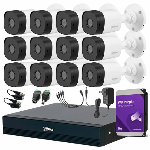 Kit Videovigilancia Cronos 12 Cámaras Dahua Bala B1A11 1MP + HDD WD Purple 6TB + Baluns + Accesorios - Kit CCTV B1A11-MED-SC (DVR Dahua DH-XVR1B16-I/T Circuito Cerrado)