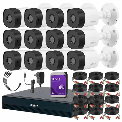 Kit Videovigilancia Cronos 12 Cámaras Dahua Bala B1A11 1MP + HDD WD Purple 6TB + Cables + Accesorios - Kit CCTV B1A11-MED-CC (DVR Dahua DH-XVR1B16-I/T Circuito Cerrado)