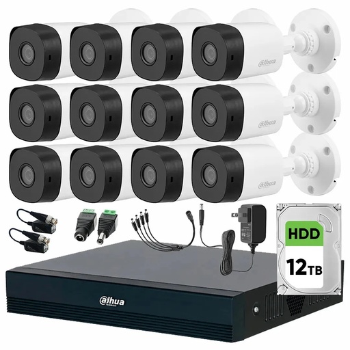 Kit Videovigilancia Cronos 12 Cámaras Dahua Bala B1A11 1MP + Disco Duro 12TB + Baluns + Accesorios - Kit CCTV B1A11-HIGH-SC (DVR Dahua DH-XVR1B16-I/T Circuito Cerrado)