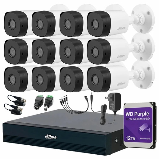 Kit Videovigilancia Cronos 12 Cámaras Dahua Bala B1A11 1MP + HDD WD Purple 12TB + Baluns + Accesorios - Kit CCTV B1A11-HIGH-SC (DVR Dahua DH-XVR1B16-I/T Circuito Cerrado)