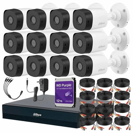 Kit Videovigilancia Cronos 12 Cámaras Dahua Bala B1A11 1MP + HDD WD Purple 12TB + Cables + Accesorios - Kit CCTV B1A11-HIGH-CC (DVR Dahua DH-XVR1B16-I/T Circuito Cerrado)