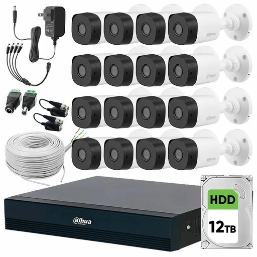 Kit Videovigilancia Cronos 16 Cámaras Dahua Bala B1A11 1MP + Disco Duro 12TB + Baluns + Bobina Cable UTP + Accesorios - Kit CCTV B1A11-HIGH-CC (DVR Dahua DH-XVR1B16-I/T Circuito Cerrado)