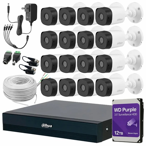 Kit Videovigilancia Cronos 16 Cámaras Dahua Bala B1A11 1MP + HDD WD Purple 12TB + Baluns + Bobina Cable UTP + Accesorios - Kit CCTV B1A11-HIGH-CC (DVR Dahua DH-XVR1B16-I/T Circuito Cerrado)