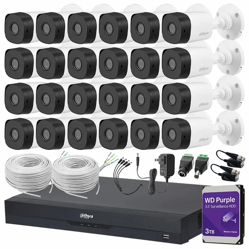 Kit Videovigilancia Cronos 24 Cámaras Dahua Bala B1A11 1MP + HDD WD Purple 3TB + Baluns + Bobina Cable UTP + Accesorios - Kit CCTV B1A11-LOW-CC (DVR Dahua DH-XVR4232AN-I Circuito Cerrado)