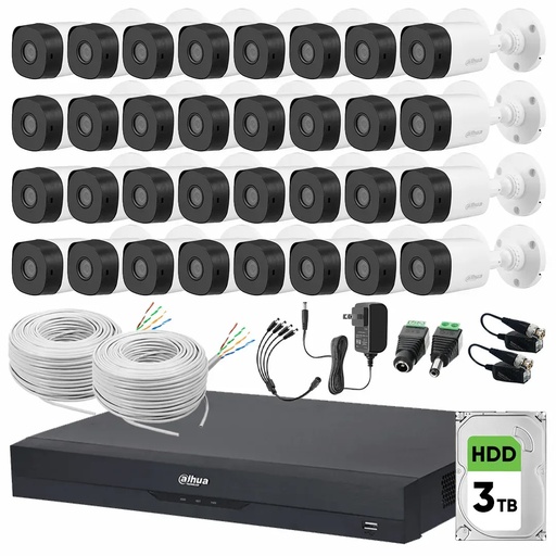 Kit Videovigilancia Cronos 32 Cámaras Dahua Bala B1A11 1MP + HDD 3TB + Baluns + Bobina Cable UTP + Accesorios - Kit CCTV B1A11-LOW-CC (DVR Dahua DH-XVR4232AN-I Circuito Cerrado)
