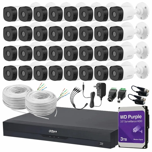 Kit Videovigilancia Cronos 32 Cámaras Dahua Bala B1A11 1MP + HDD WD Purple 3TB + Baluns + Bobina Cable UTP + Accesorios - Kit CCTV B1A11-LOW-CC (DVR Dahua DH-XVR4232AN-I Circuito Cerrado)