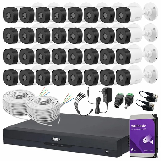 Kit Videovigilancia Cronos 32 Cámaras Dahua Bala B1A11 1MP + HDD WD Purple 6TB + Baluns + Bobina Cable UTP + Accesorios - Kit CCTV B1A11-HIGH-CC (DVR Dahua DH-XVR4232AN-I Circuito Cerrado)