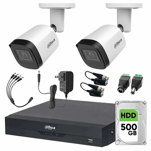 Kit Videovigilancia Cronos 2 Cámaras Dahua Metálicas Bala B2A51 5MP + Disco Duro 500GB + Transceptores + Accesorios - Kit CCTV B2A51-LOW-SC (DVR DH-XVR5104HS Circuito Cerrado)