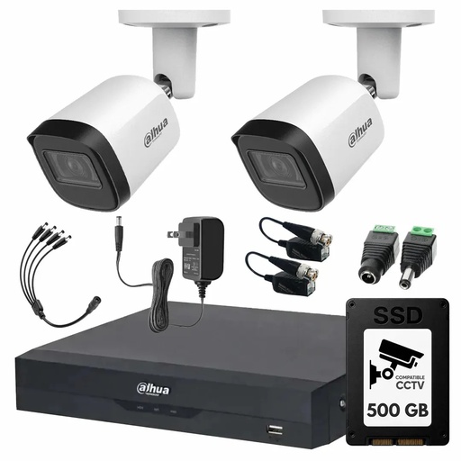 Kit Videovigilancia Cronos 2 Cámaras Dahua Metálicas Bala B2A51 5MP + SSD 500GB + Transceptores + Accesorios - Kit CCTV B2A51-LOW-SC (DVR DH-XVR5104HS Circuito Cerrado)