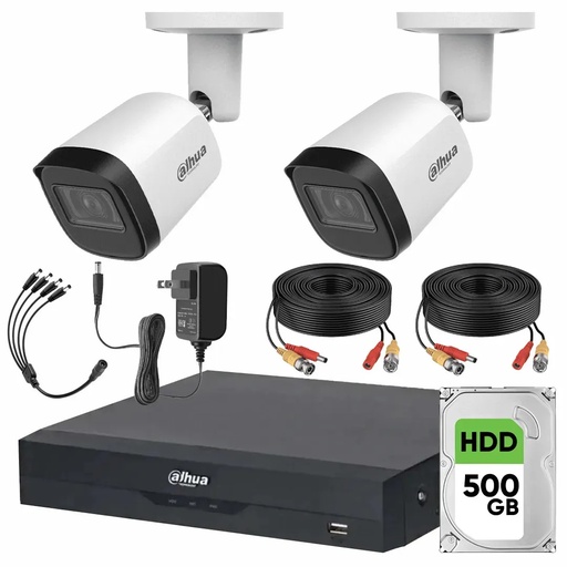 Kit Videovigilancia Cronos 2 Cámaras Dahua Metálicas Bala B2A51 5MP + Disco Duro 500GB + Cables + Accesorios - Kit CCTV B2A51-LOW-CC (DVR DH-XVR5104HS Circuito Cerrado)