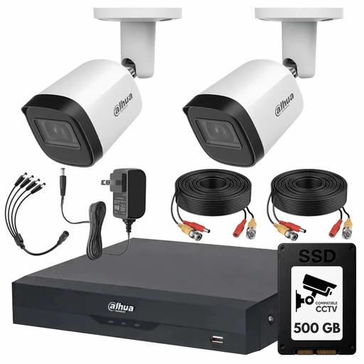 Kit Videovigilancia Cronos 2 Cámaras Dahua Metálicas Bala B2A51 5MP + SSD 500GB + Cables + Accesorios - Kit CCTV B2A51-LOW-CC (DVR DH-XVR5104HS Circuito Cerrado)