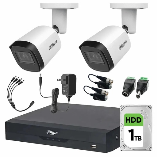 Kit Videovigilancia Cronos 2 Cámaras Dahua Metálicas Bala B2A51 5MP + Disco Duro 1TB + Transceptores + Accesorios - Kit CCTV B2A51-MED-SC (DVR DH-XVR5104HS Circuito Cerrado)
