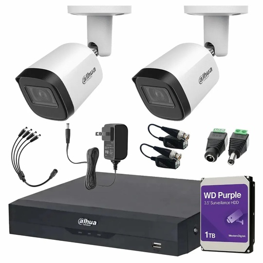Kit Videovigilancia Cronos 2 Cámaras Dahua Metálicas Bala B2A51 5MP + HDD WD Purple 1TB + Transceptores + Accesorios - Kit CCTV B2A51-MED-SC (DVR DH-XVR5104HS Circuito Cerrado)