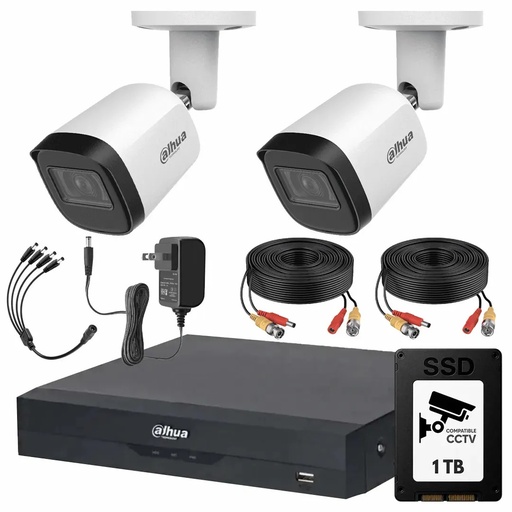 Kit Videovigilancia Cronos 2 Cámaras Dahua Metálicas Bala B2A51 5MP + SSD 1TB + Cables + Accesorios - Kit CCTV B2A51-MED-CC (DVR DH-XVR5104HS Circuito Cerrado)