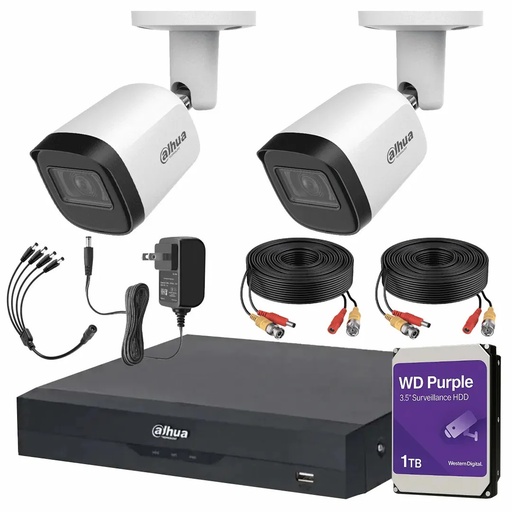 Kit Videovigilancia Cronos 2 Cámaras Dahua Metálicas Bala B2A51 5MP + HDD WD Purple 1TB + Cables + Accesorios - Kit CCTV B2A51-MED-CC (DVR DH-XVR5104HS Circuito Cerrado)