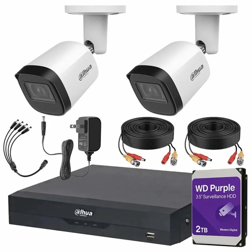 Kit Videovigilancia Cronos 2 Cámaras Dahua Metálicas Bala B2A51 5MP + HDD WD Purple 2TB + Cables + Accesorios - Kit CCTV B2A51-HIGH-CC (DVR DH-XVR5104HS Circuito Cerrado)