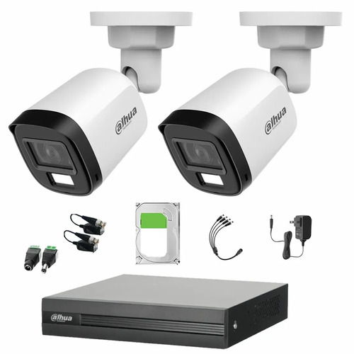Kit de Videovigilancia Cronos 2 Cámaras Dahua Bala B2A21N-U-IL-A 2MP Metálica con Micrófono Integrado Iluminación Dual + Disco Duro 500GB + Baluns - Kit CCTV HFW1200CM-LOW-SC (DVR DH-XVR1B04-I Circuito Cerrado)