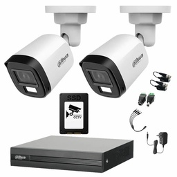 Kit de Videovigilancia Cronos 2 Cámaras Dahua Bala B2A21N-U-IL-A 2MP Metálica con Micrófono Integrado Iluminación Dual + SSD 500GB + Baluns - Kit CCTV HFW1200CM-LOW-SC (DVR DH-XVR1B04-I Circuito Cerrado)