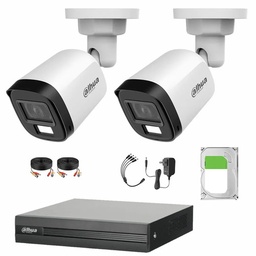 Kit de Videovigilancia Cronos 2 Cámaras Dahua Bala B2A21N-U-IL-A 2MP Metálica con Micrófono Integrado Iluminación Dual + Disco Duro 500GB + Cables - Kit CCTV HFW1200CM-LOW-CC (DVR DH-XVR1B04-I)