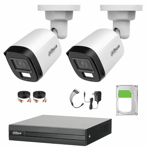 Kit de Videovigilancia Cronos 2 Cámaras Dahua Bala B2A21N-U-IL-A 2MP Metálica con Micrófono Integrado Iluminación Dual + Disco Duro 500GB + Cables - Kit CCTV HFW1200CM-LOW-CC (DVR DH-XVR1B04-I)