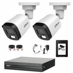 Kit de Videovigilancia Cronos 2 Cámaras Dahua Bala B2A21N-U-IL-A 2MP Metálica con Micrófono Integrado Iluminación Dual + SSD 500GB + Cables - Kit CCTV HFW1200CM-LOW-CC (DVR DH-XVR1B04-I Circuito Cerrado)