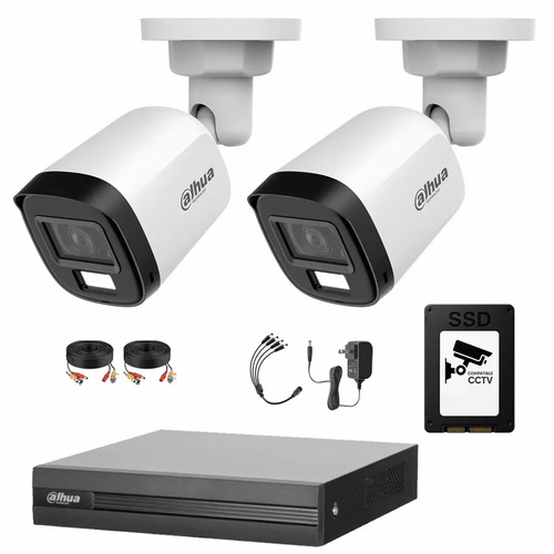 Kit de Videovigilancia Cronos 2 Cámaras Dahua Bala B2A21N-U-IL-A 2MP Metálica con Micrófono Integrado Iluminación Dual + SSD 500GB + Cables - Kit CCTV HFW1200CM-LOW-CC (DVR DH-XVR1B04-I Circuito Cerrado)