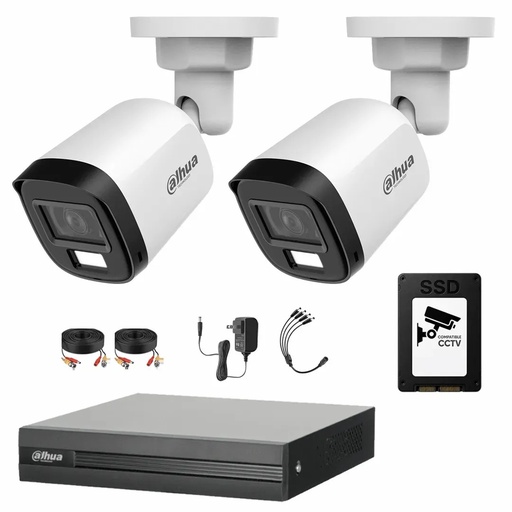 Kit de Videovigilancia Cronos 2 Cámaras Dahua Bala B2A21N-U-IL-A 2MP Metálica con Micrófono Integrado Iluminación Dual + SSD 1TB + Cables - Kit CCTV HFW1200CM-MED-CC (DVR DH-XVR1B04-I)