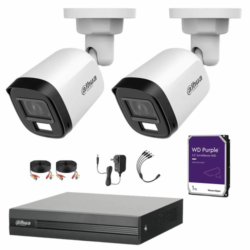 Kit de Videovigilancia Cronos 2 Cámaras Dahua Bala B2A21N-U-IL-A 2MP Metálica con Micrófono Integrado Iluminación Dual + HDD WD Purple 1TB + Cables - Kit CCTV HFW1200CM-MED-CC (DVR DH-XVR1B04-I Circuito Cerrado)