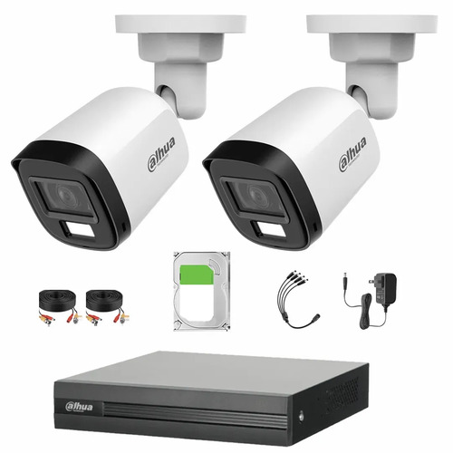 Kit de Videovigilancia Cronos 2 Cámaras Dahua Bala B2A21N-U-IL-A 2MP Metálica con Micrófono Integrado Iluminación Dual + Disco Duro 2TB + Cables - Kit CCTV HFW1200CM-HIGH-CC (DVR DH-XVR1B04-I)