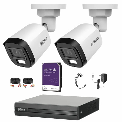 Kit de Videovigilancia Cronos 2 Cámaras Dahua Bala B2A21N-U-IL-A 2MP Metálica con Micrófono Integrado Iluminación Dual + HDD WD Purple 2TB + Cables - Kit CCTV HFW1200CM-HIGH-CC (DVR DH-XVR1B04-I)