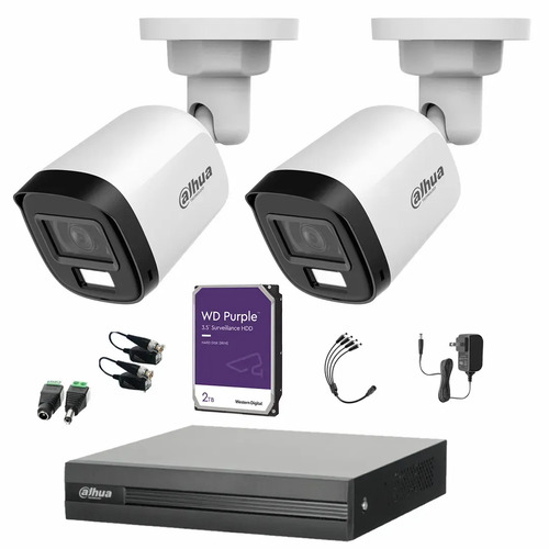 Kit de Videovigilancia Cronos 2 Cámaras Dahua Bala B2A21N-U-IL-A 2MP Metálica con Micrófono Iluminación Dual + HDD WD Purple 2TB + Balums - Kit CCTV HFW1200CM-HIGH-SC (DVR DH-XVR1B04-I)