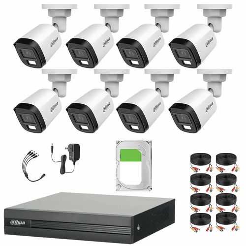 Kit de Videovigilancia Cronos 8 Cámaras Dahua Bala B2A21N-U-IL-A 2MP Metálica con Micrófono Integrado + Disco Duro 2TB + Cables - Kit CCTV HFW1200CM-LOW-CC (DVR DH-XVR1B08-I Circuito Cerrado)