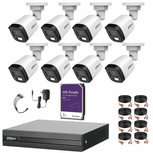 Kit de Videovigilancia Cronos 8 Cámaras Dahua Bala B2A21N-U-IL-A 2MP Metálica con Micrófono Integrado + HDD WD Purple 2TB + Cables - Kit CCTV HFW1200CM-LOW-CC (DVR DH-XVR1B08-I Circuito Cerrado)