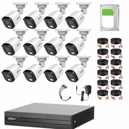 Kit de Videovigilancia Cronos 12 Cámaras Dahua Bala B2A21N-U-IL-A 2MP Metálica con Micrófono Integrado + Disco Duro 3TB + Cables - Kit CCTV HFW1200CM-LOW-CC (DVR XVR1B16-I Circuito Cerrado)
