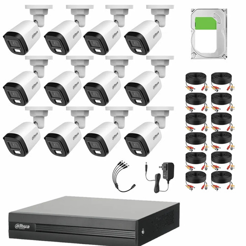 Kit de Videovigilancia Cronos 12 Cámaras Dahua Bala B2A21N-U-IL-A 2MP Metálica con Micrófono Integrado + Disco Duro 3TB + Cables - Kit CCTV HFW1200CM-LOW-CC (DVR XVR1B16-I Circuito Cerrado)