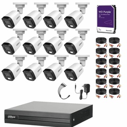Kit de Videovigilancia Cronos 12 Cámaras Dahua Bala B2A21N-U-IL-A 2MP Metálica con Micrófono Integrado + HDD WD Purple 3TB + Cables - Kit CCTV HFW1200CM-LOW-CC (DVR XVR1B16-I Circuito Cerrado)