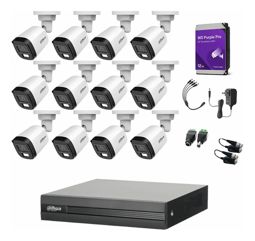 Kit de Videovigilancia Cronos 12 Cámaras Dahua Bala B2A21N-U-IL-A 2MP Metálica con Micrófono Integrado + HDD WD Purple 12TB + Balums - Kit CCTV B2A21N-U-IL-A-HIGH-SC (DVR XVR1B16-I Circuito Cerrado)