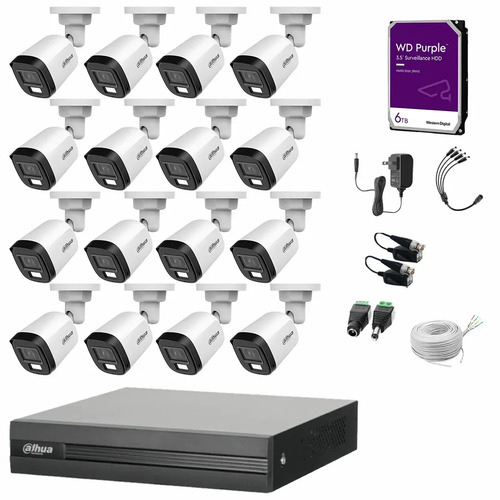Kit de Videovigilancia Cronos 16 Cámaras Dahua Bala B2A21N-U-IL-A 2MP Metálica con Micrófono Integrado + HDD WD Purple 6TB + Bobina Cable UTP - Kit CCTV HFW1200CM-MED-CC (DVR XVR1B16-I Circuito Cerrado)