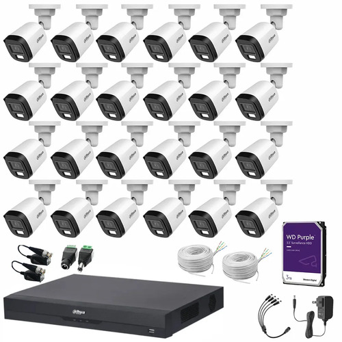 Kit de Videovigilancia Cronos 24 Cámaras Dahua Bala B2A21N-U-IL-A 2MP Metálica con Micrófono Integrado + HDD WD Purple 3TB + Bobinas Cable UTP - Kit CCTV HFW1200CM-LOW-CC (Dvr XVR4232AN-I Circuito Cerrado)
