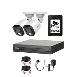 Kit Videovigilancia cronos 2 Cámaras dahua Bala B1A21N-U-IL luz dual con micrófono 2mp + SSD 500 GB + cables + Accesorios - Kit Cctv HFW1209C-LOW-CC (dvr XVR1B04-I Circuito Cerrado)