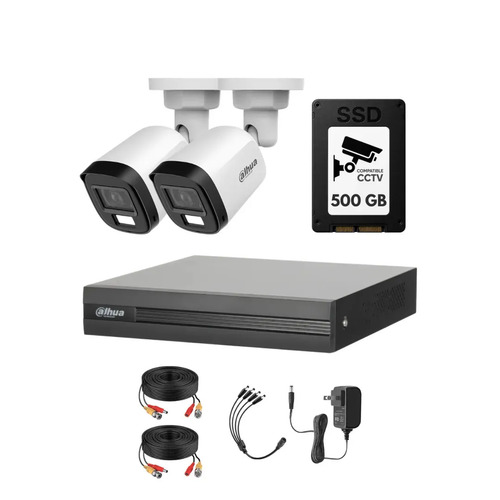 Kit Videovigilancia cronos 2 Cámaras dahua Bala B1A21N-U-IL luz dual con micrófono 2mp + SSD 500 GB + cables + Accesorios - Kit Cctv HFW1209C-LOW-CC (dvr XVR1B04-I Circuito Cerrado)