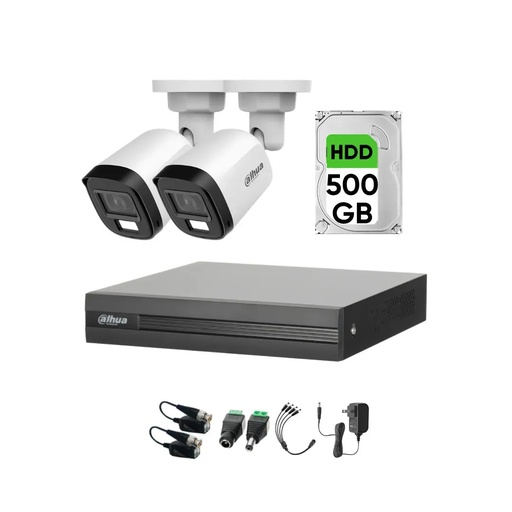 Kit Videovigilancia cronos 2 Cámaras dahua Bala B1A21N-U-IL luz dual con micrófono 2mp + HDD 500 GB + baluns + Accesorios - Kit Cctv HFW1209C-LOW-SC (dvr XVR1B04-I Circuito Cerrado)