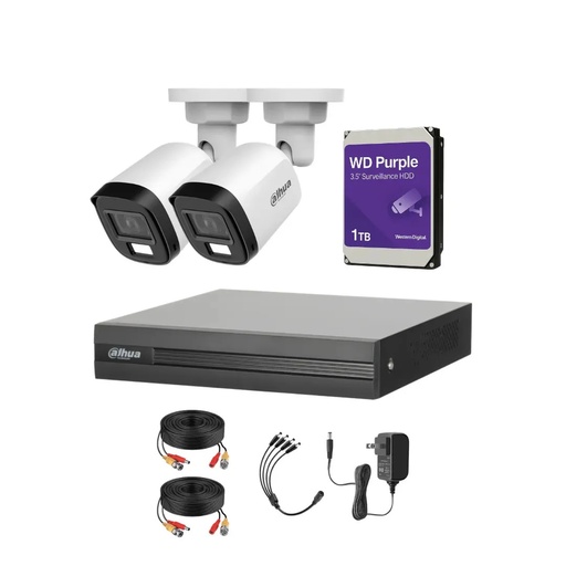 Kit Videovigilancia cronos 2 Cámaras dahua Bala B1A21N-U-IL luz dual con micrófono 2mp + HDD 1 TB WD purple + cables + Accesorios - Kit Cctv HFW1209C-MED-CC (dvr XVR1B04-I Circuito Cerrado)
