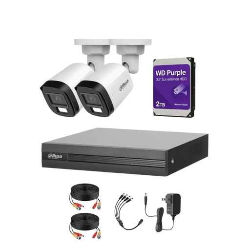 Kit Videovigilancia cronos 2 Cámaras dahua Bala B1A21N-U-IL luz dual con micrófono 2mp + HDD 2 TB WD purple + cables + Accesorios - Kit Cctv HFW1209C-HIGH-CC (dvr XVR1B04-I Circuito Cerrado)