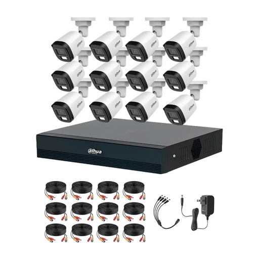 Kit Videovigilancia cronos 12 Cámaras dahua Bala B1A21N-U-IL luz dual con micrófono 2mp + cables + Accesorios - Kit Cctv HFW1209C-ZERO-CC (dvr XVR1B16-I Circuito Cerrado)